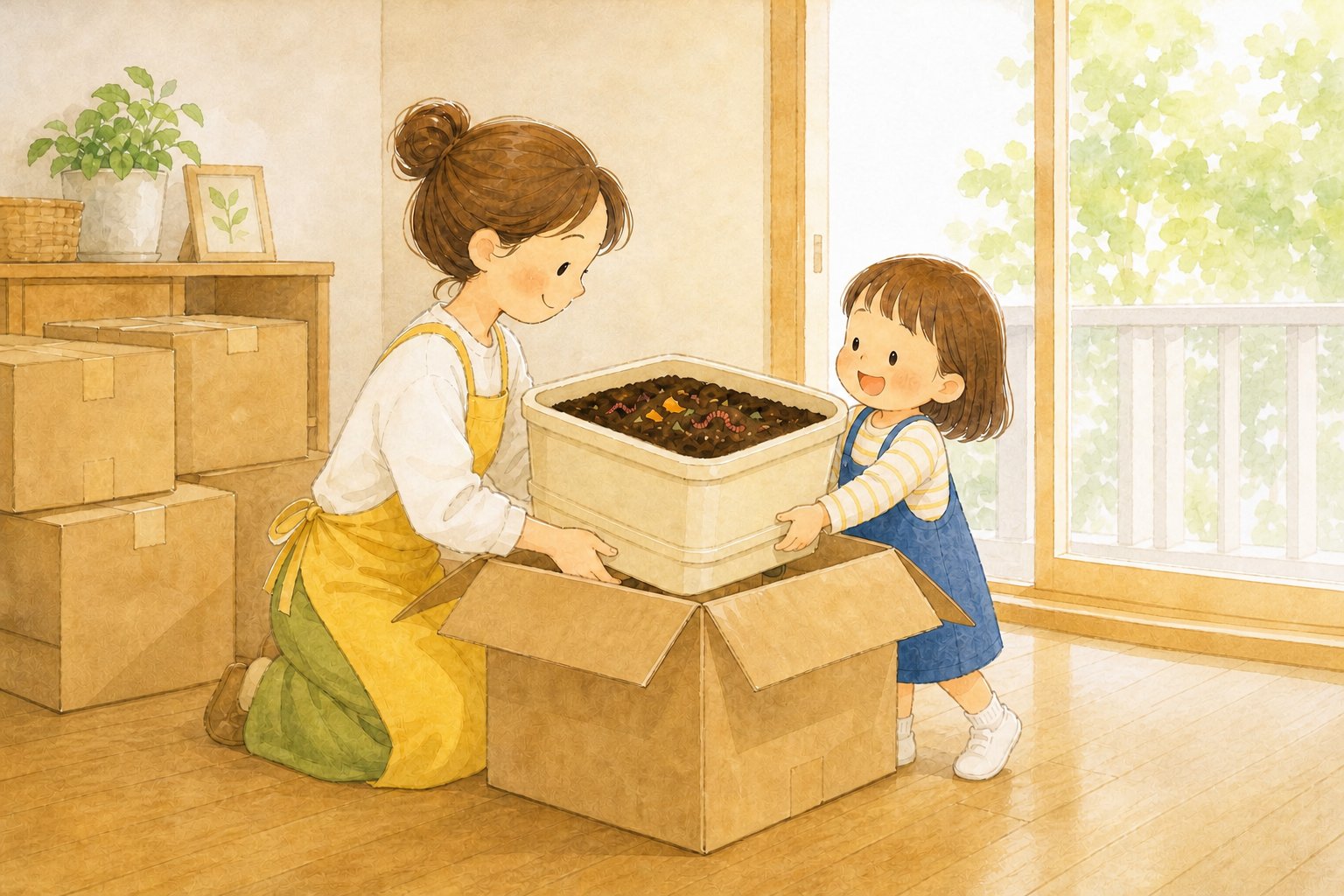 ミミズコンポストの容器を段ボールに入れて送り出す親子のイラスト