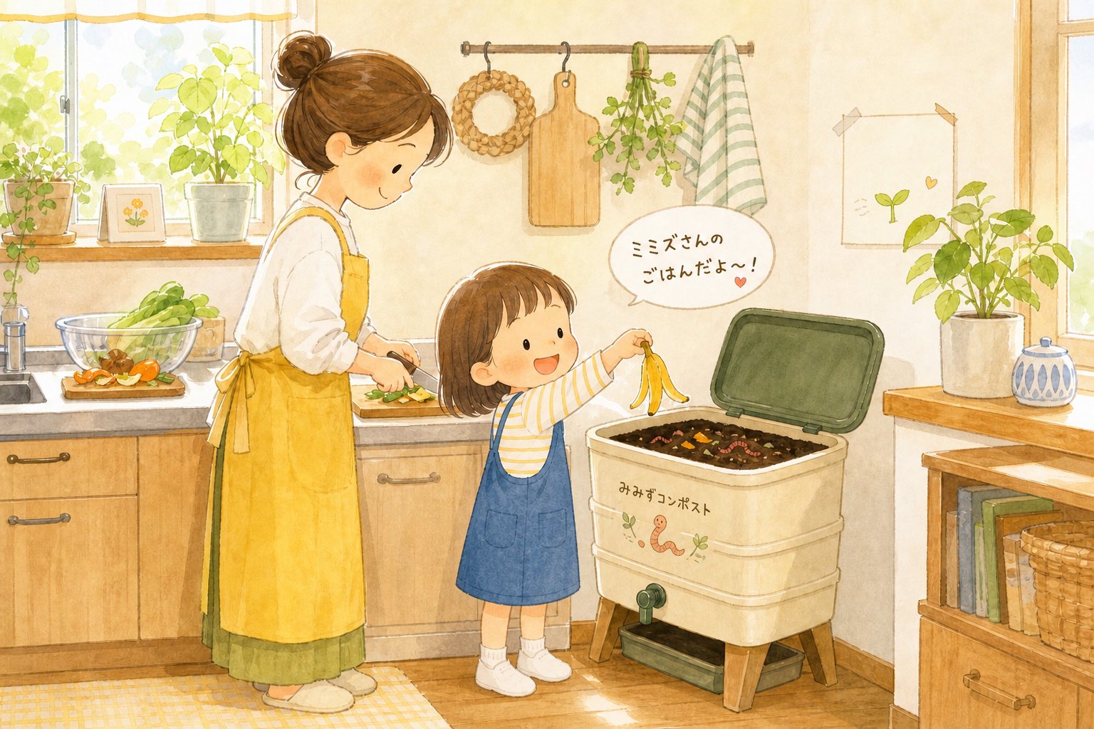 台所で、お母さんと女の子がバナナの皮をミミズコンポストに入れている