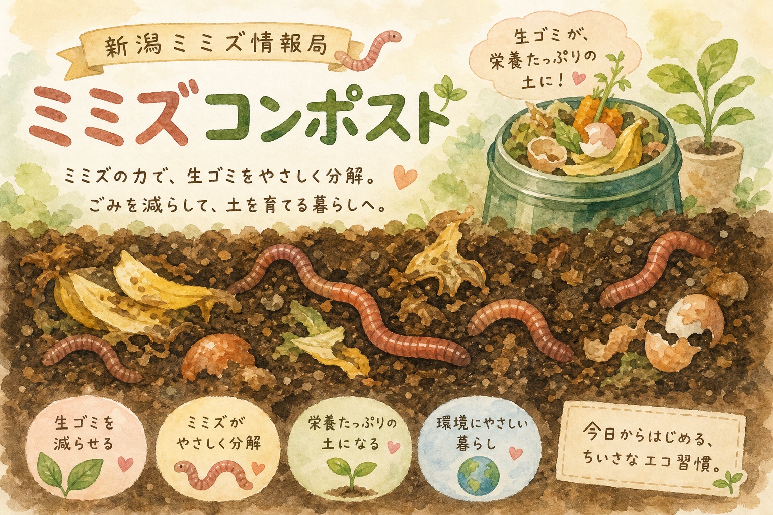 ミミズコンポストの始め方ガイド：水彩画風のシマミミズと土のイラストバナー