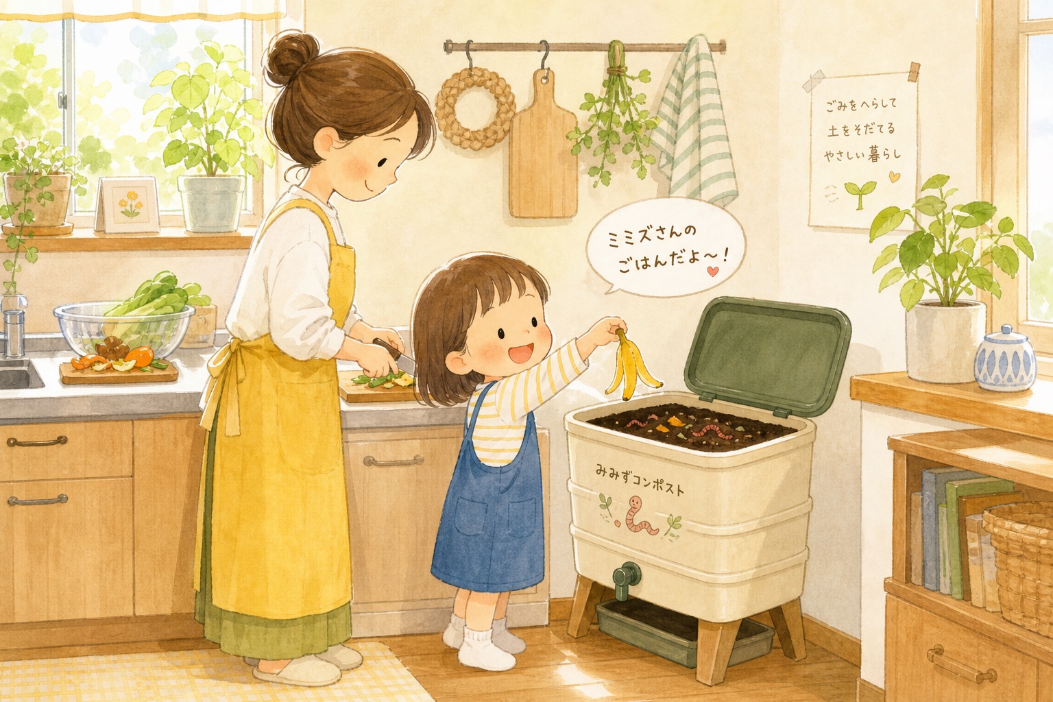 ミミズコンポストの容器に「ごはんだよ」と話しかける母娘のイラスト