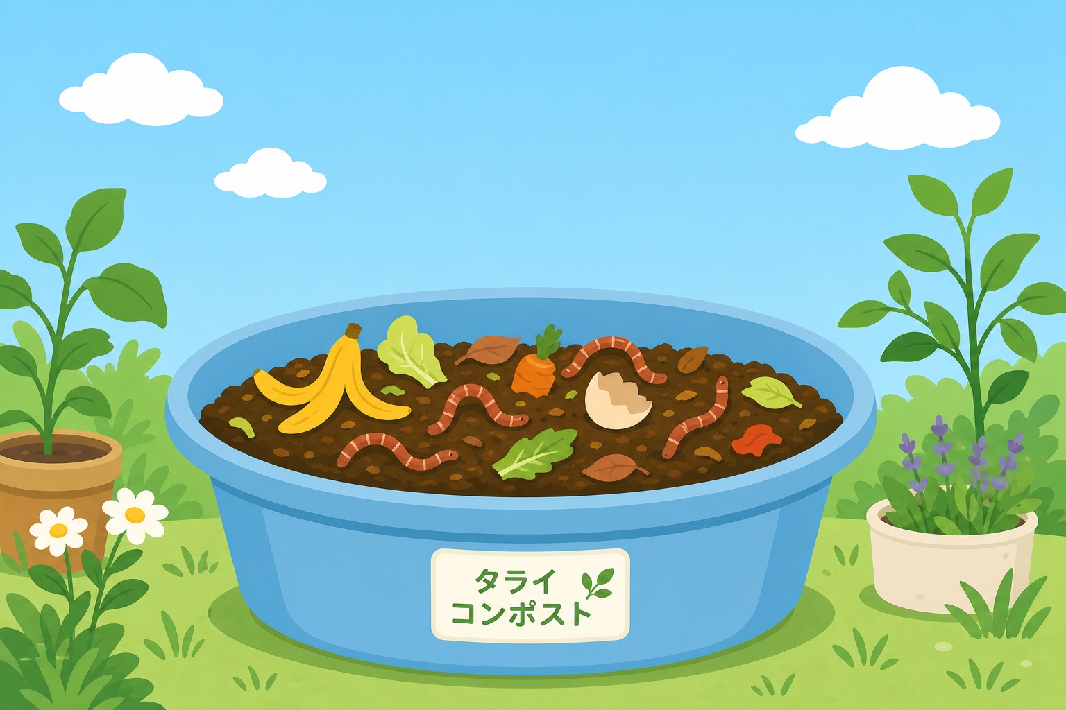 青空の下に置かれた青いタライのミミズコンポスト容器