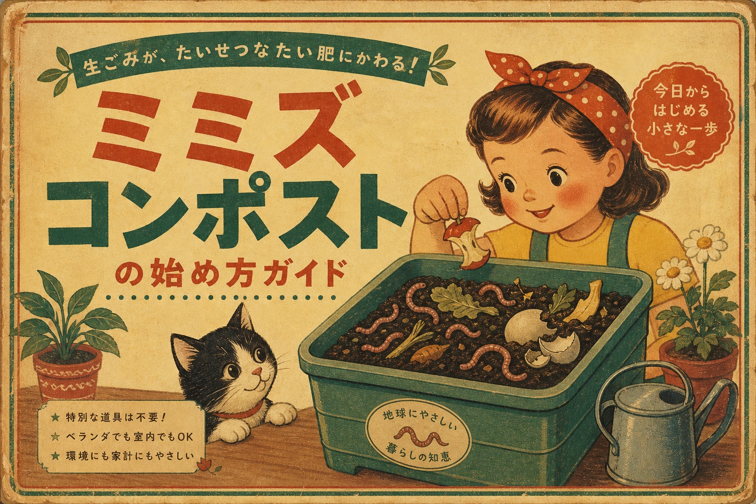 ミミズコンポストの始め方ガイドのレトロポスター風イラスト
