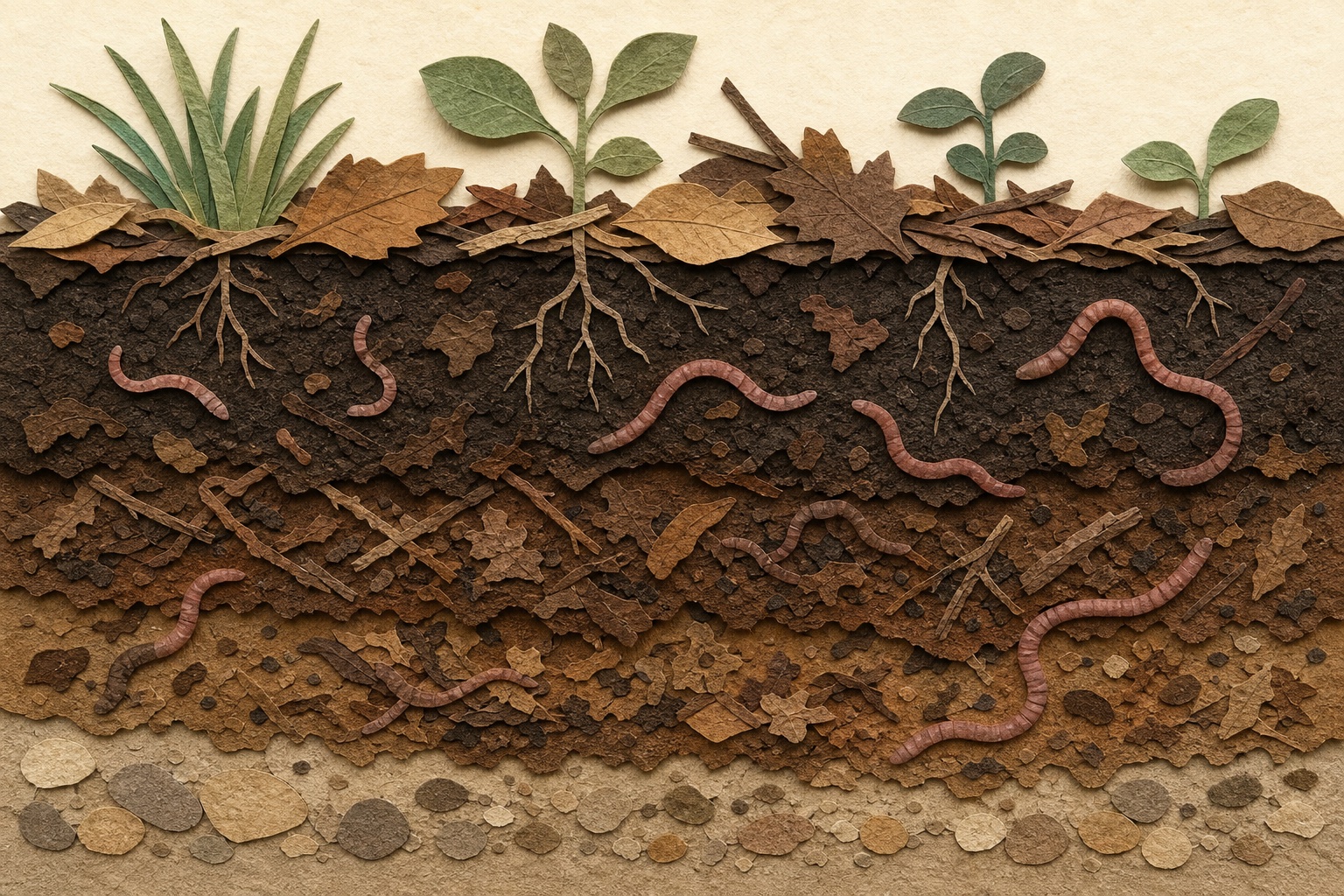 土の断面でミミズと植物の根が暮らす切り絵風アート