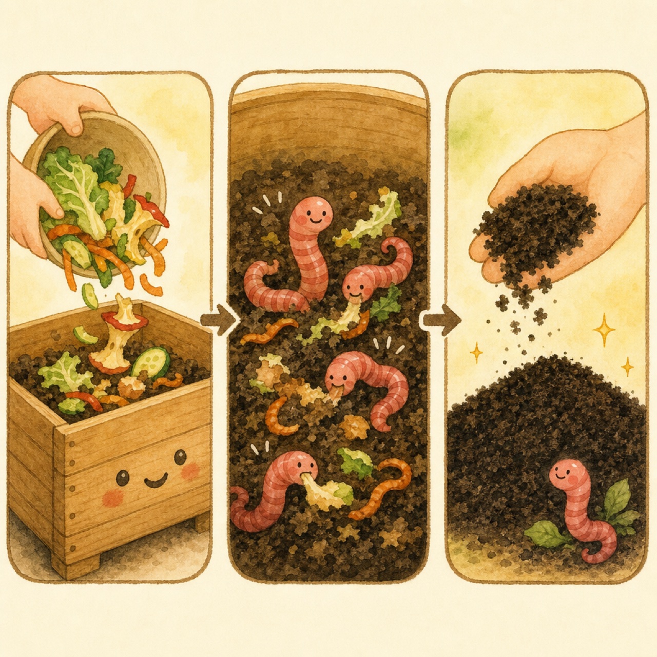 野菜くずをミミズが食べて黒い堆肥になる仕組みを3コマで示した絵本風イラスト