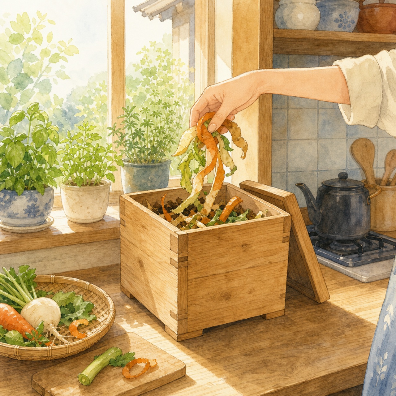 明るい台所のカウンターに置かれた木製のミミズコンポスト容器と、野菜くずを入れる手