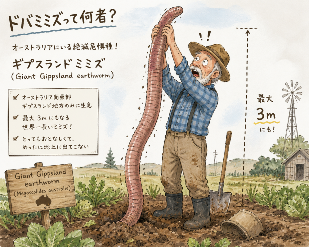 ギプスランドミミズの想像図。最大3mに育つオーストラリアの絶滅危惧種ミミズ