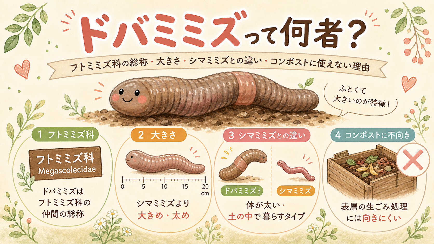 ドバミミズって何者？フトミミズ科の総称・大きさ・シマミミズとの違い・コンポストに使えない理由
