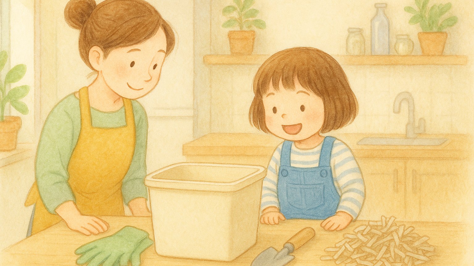 ミミズコンポストの始め方｜容器と道具を用意して準備する親子のイラスト