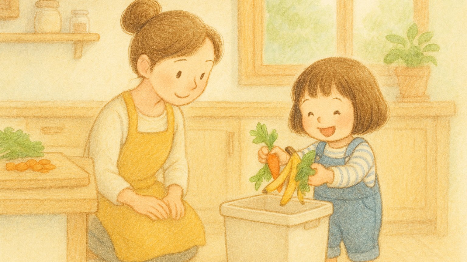 ミミズコンポストのエサ｜野菜くずをミミズに与える子どものイラスト