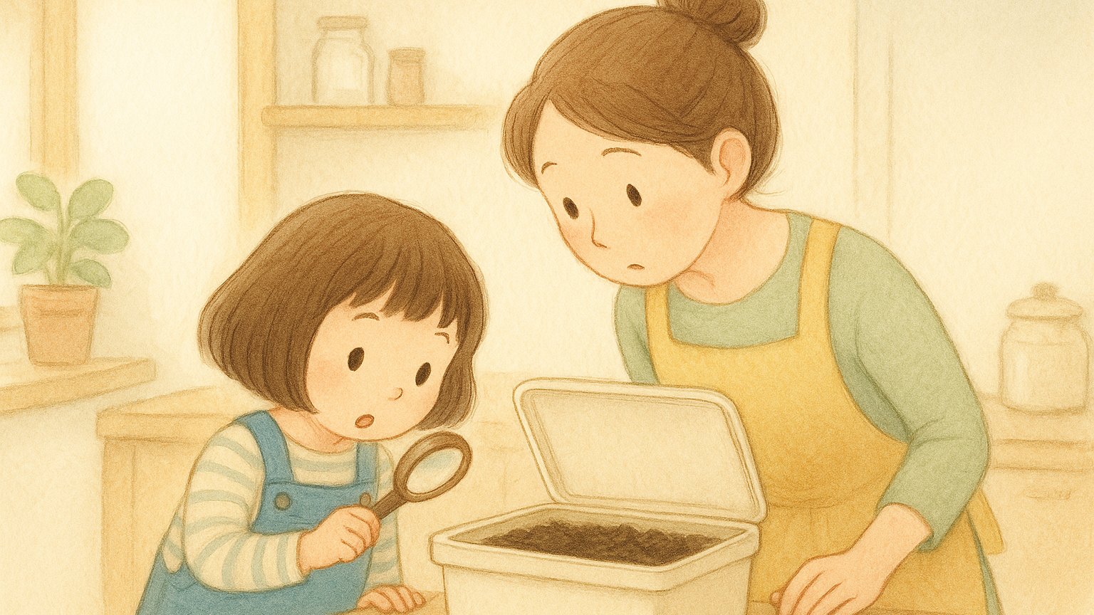 ミミズコンポストのトラブル対策｜虫眼鏡で容器の中を観察する親子のイラスト