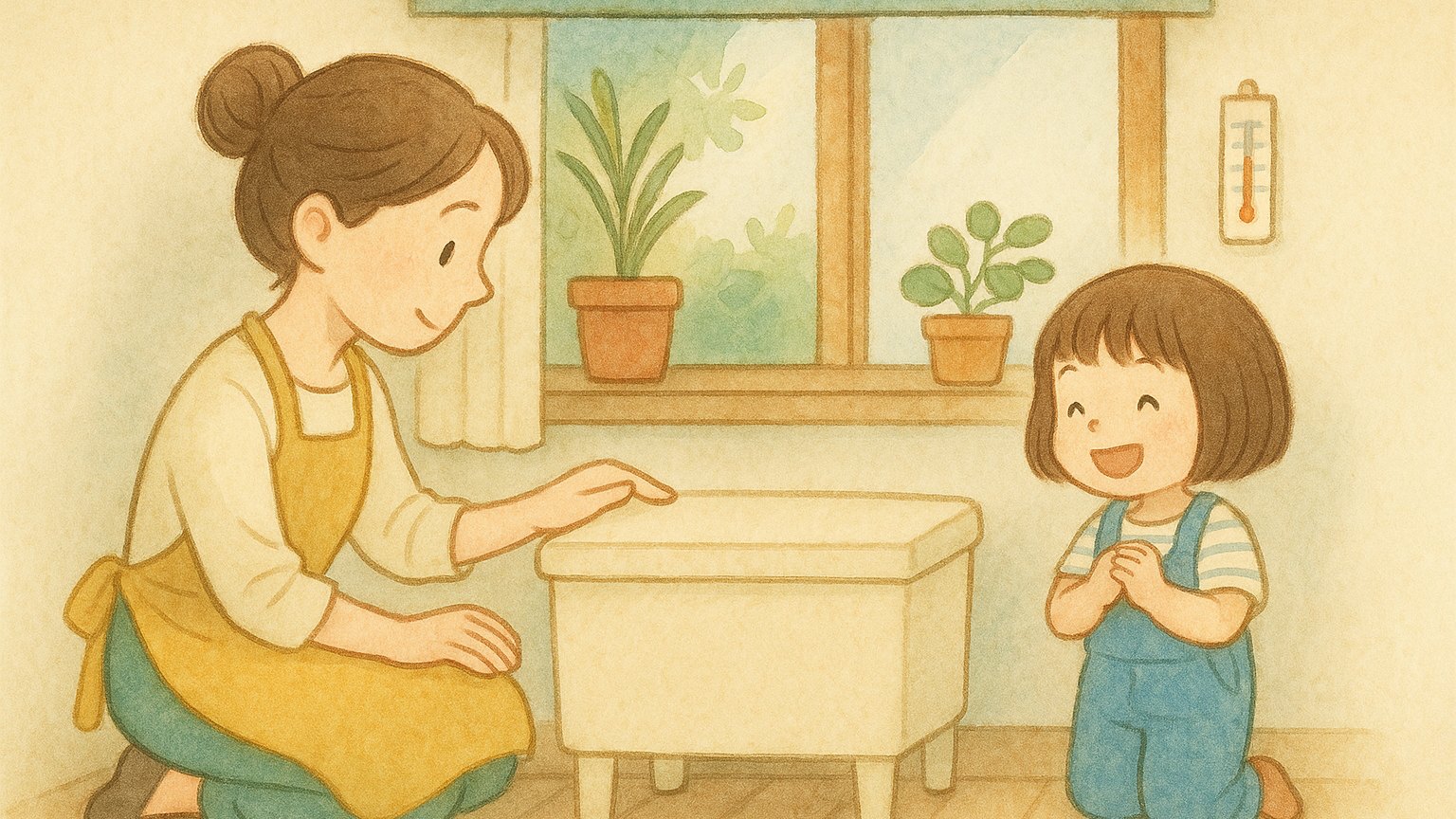 ミミズコンポストの冬と夏の管理と置き場所｜窓辺に容器を置く親子のイラスト