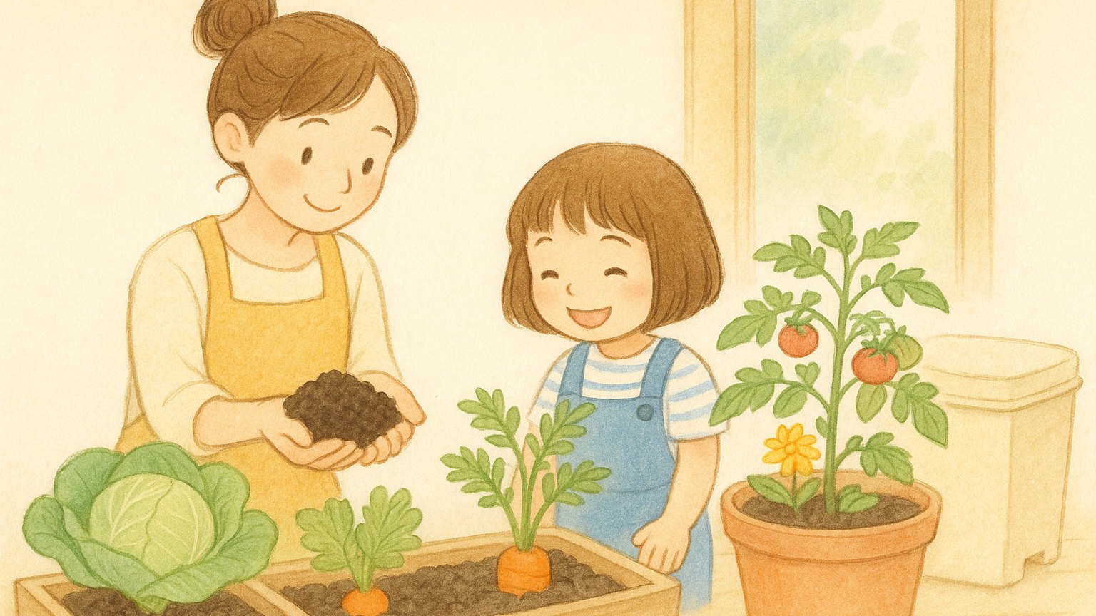 ミミズ堆肥（ふん・液肥）の効果｜ふかふかの堆肥で野菜が育つイラスト