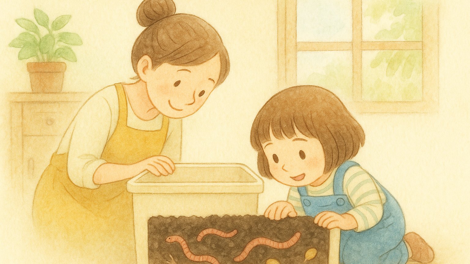 シマミミズの生態｜土の中のミミズと卵を観察する子どものイラスト