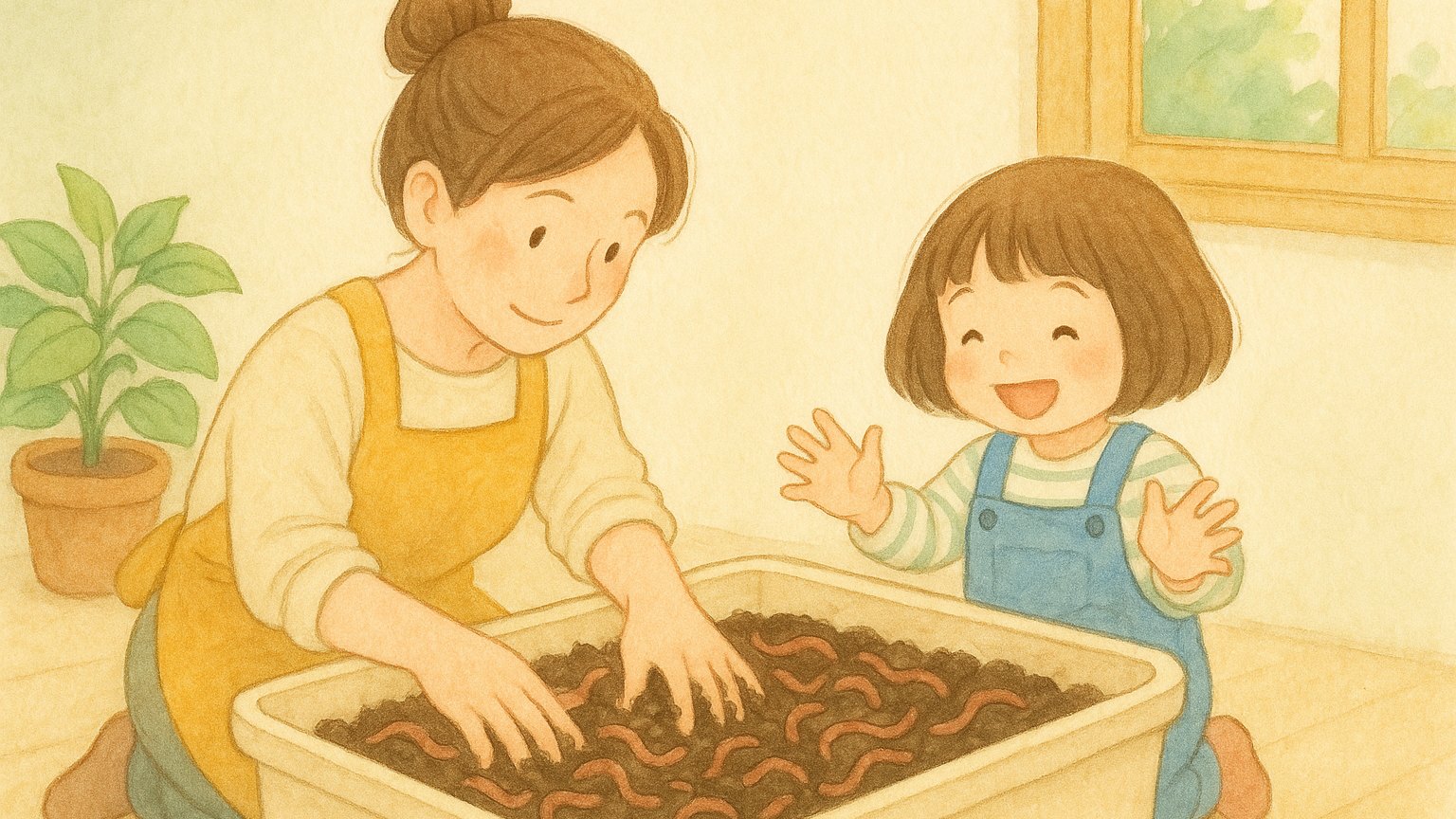 ミミズの増やし方と飼い方｜たくさんのミミズを世話する親子のイラスト