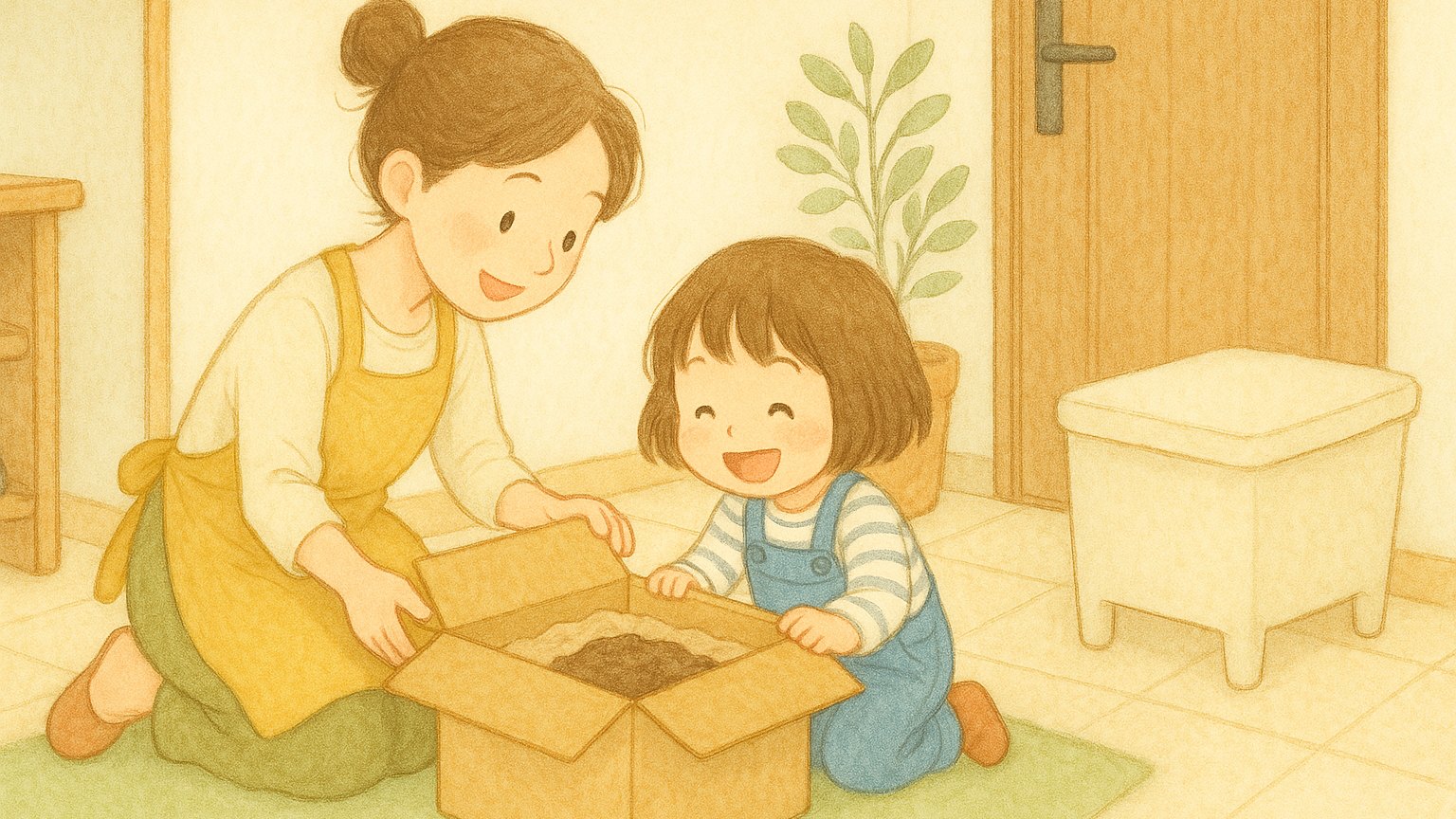 シマミミズの購入｜届いた箱を開けてミミズを迎える親子のイラスト